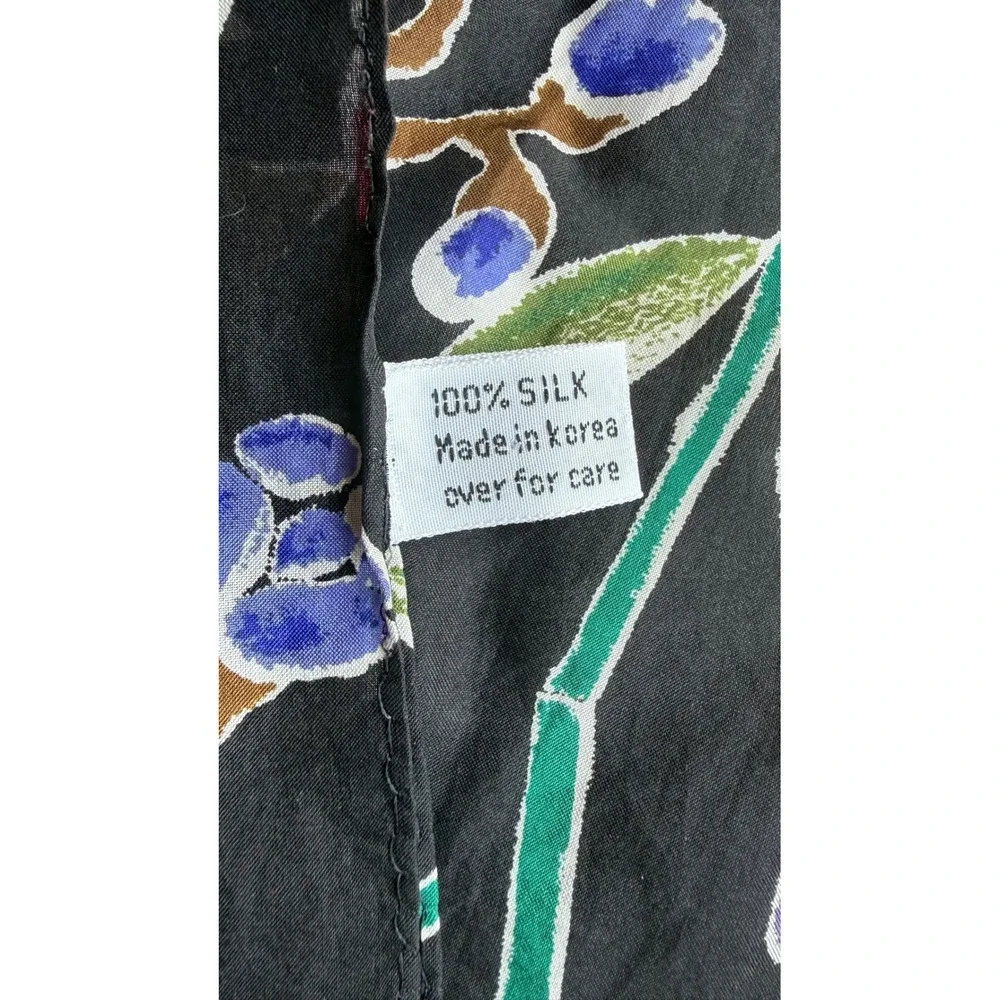 Vintage 100% Silk Floral Scarf Black Red Blue Botanical Rectangular